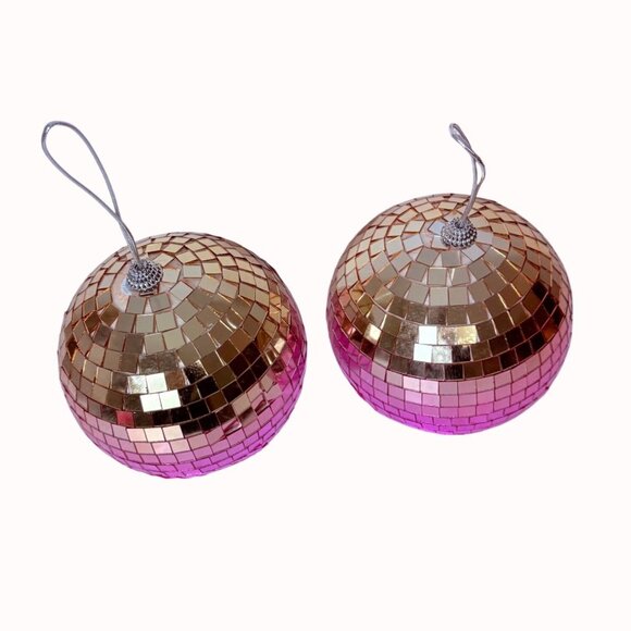 Set Of 2 Disco Ball Christmas Ornaments 8 Inch Ombre Pink Hanging New Years Eve - Picture 4 of 11